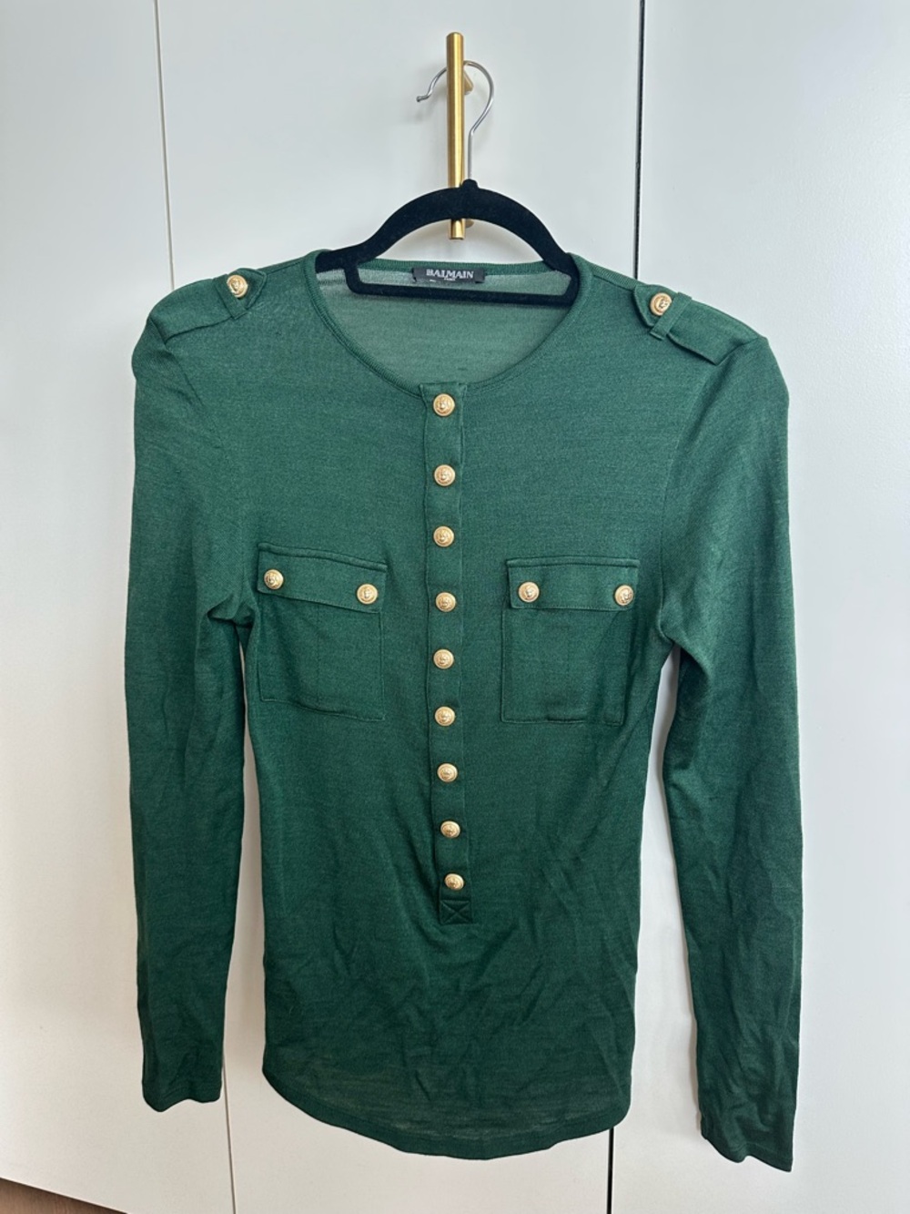 Balmain Forest Green Buttoned Knit Cardigan with Gold Buttons